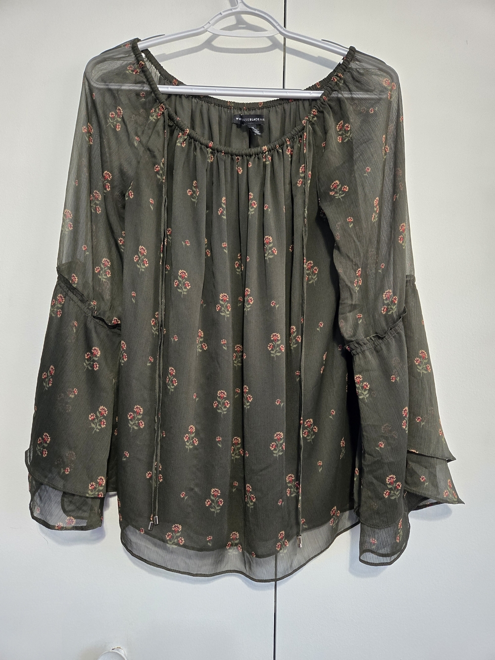White House Black Market Floral Peasant Blouse Medium Olive Bell Sleeve